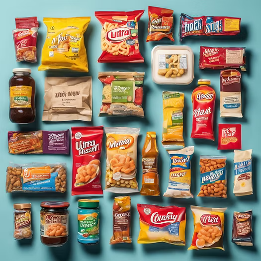 A variety of ultra processed foods on a blue background