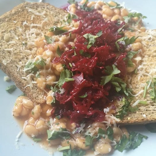 Toast with pimped up beans and reclaimed red kraut