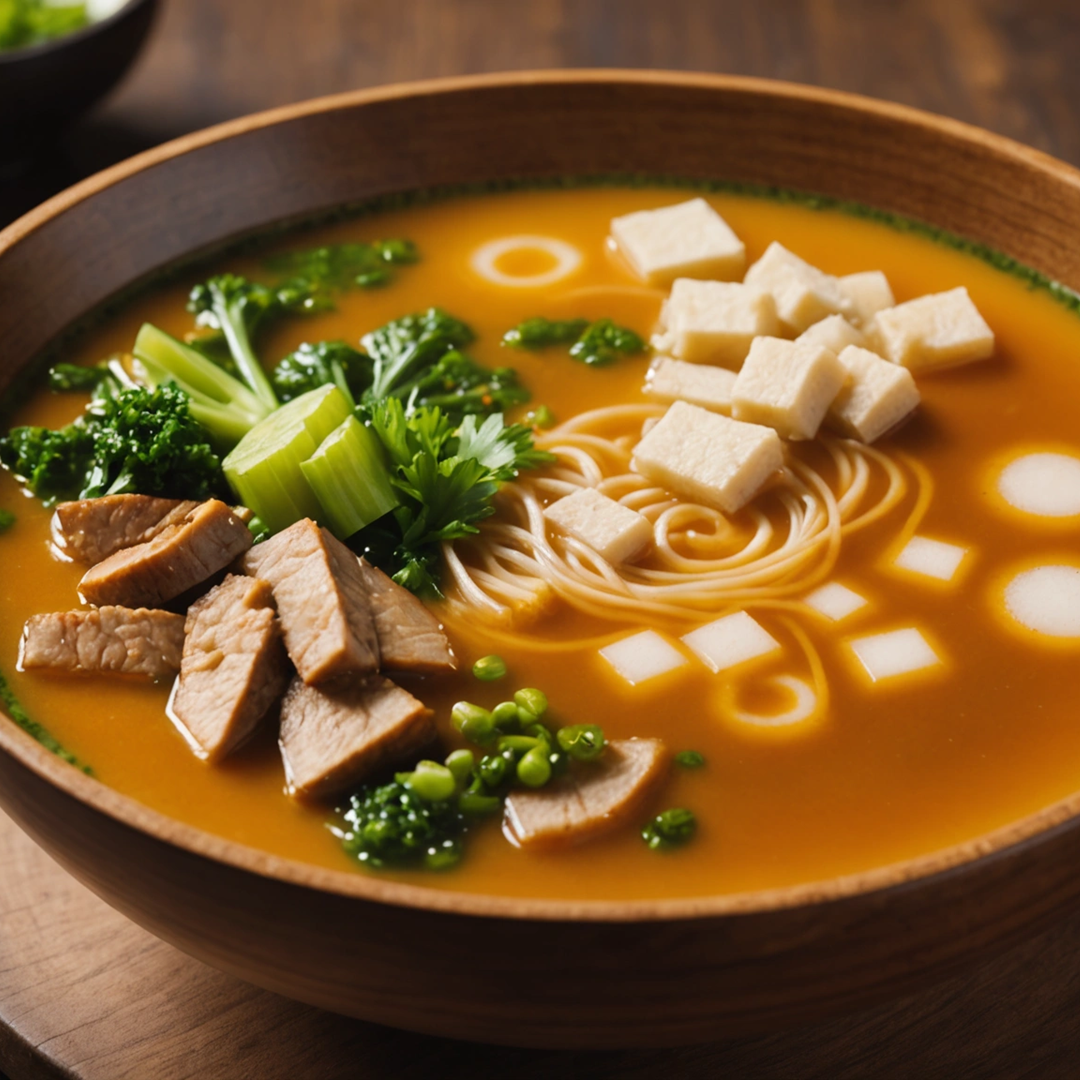 Eye-level view of a wooden bowl filled with vibrant miso soup, topped with green onions and seaweed.