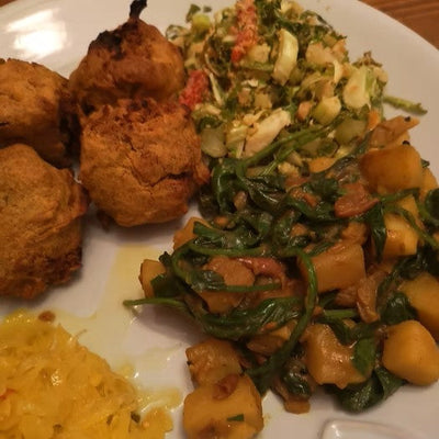 A plate of bhajis, saag aloo and not your nanas piccalilli 