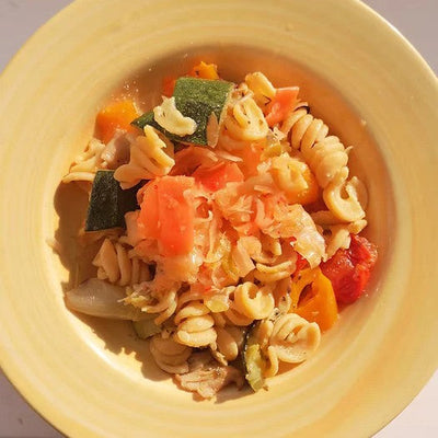 Roasted veg pasta with crafty pickle katz kimchi 