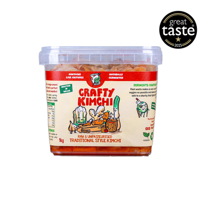 Container of Crafty Kimchi with a Great Taste award badge on a white background