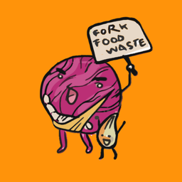 Animated red cabbage and garlic holding a sign that says fork food waste
