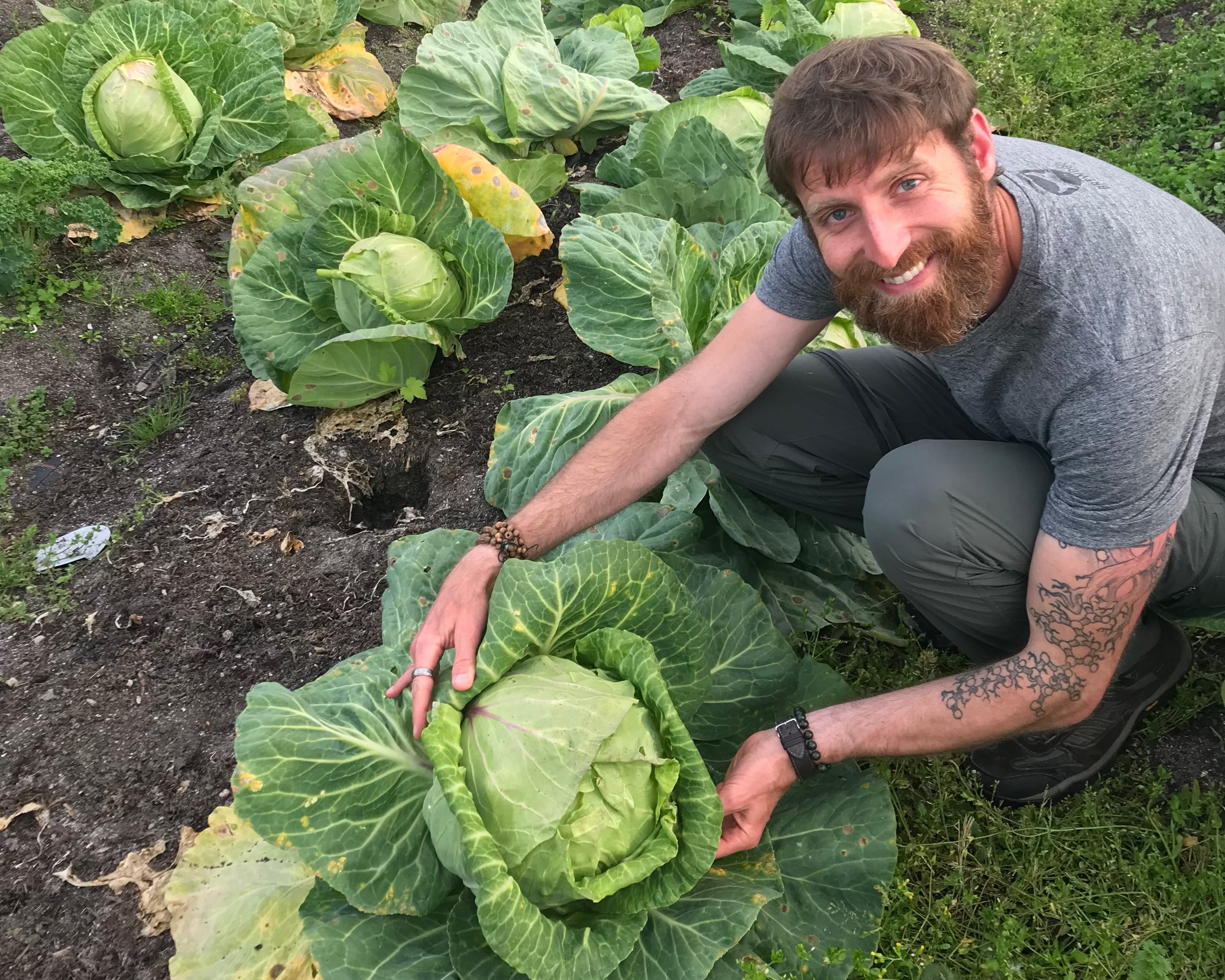 Arthur smiling next to a large cabbage planted in a vegetable garden